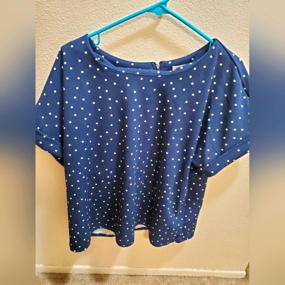 Navy Blue White Pokadot Dressy Zip Up Shirt - Picture 1 of 16